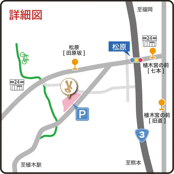 熊本市北区・松原周辺の詳細図。松原交差点と植木宮の前〔七本/旧道〕の間に「ぴーす」アイコン、近くに駐車場P。自転車道やバス停「松原〔田原坂〕」も記載。